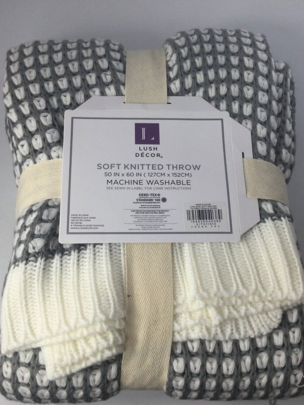 Lush Decor Soft Knitted Throw Blanket Grey White 50" x 60" Machine Washable